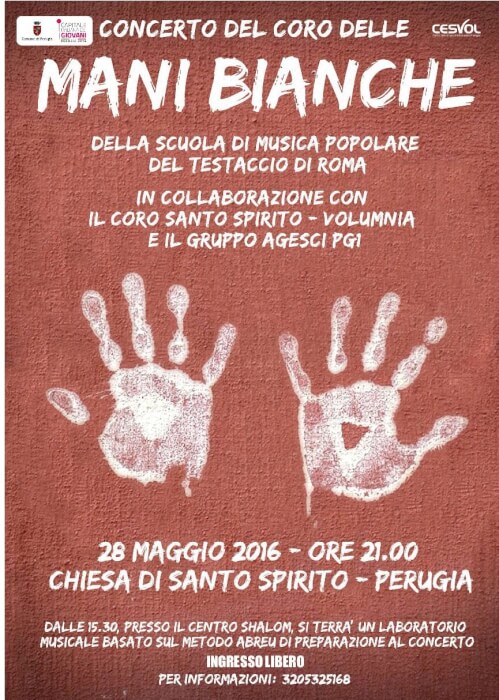 A4_locandina_mani_bianchi La musica oltre ogni ostacolo: il 28 maggio a Perugia il concerto del Coro delle Mani Bianche