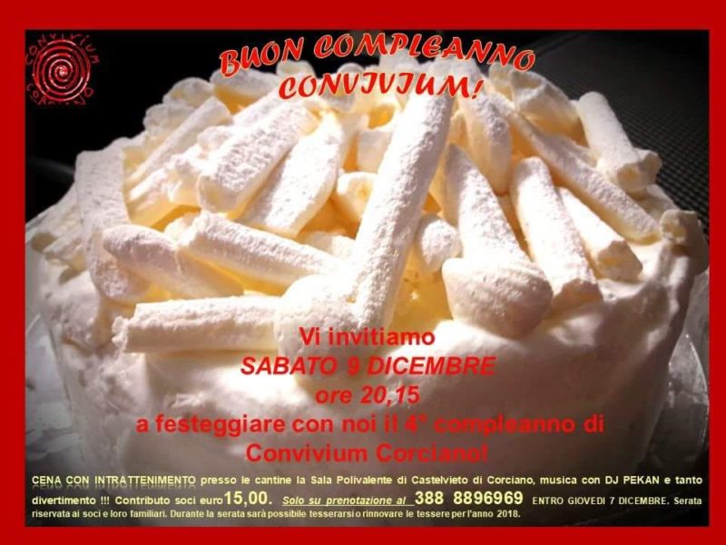 convivium 4 anni Convivium compie quattro anni, sabato grande cena di compleanno
